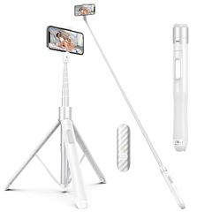 【在庫処分】写真録画用 運動会 TikTok Vlog YouTube オシャレ 360度回転対応 Bluetoothリモコン付き 充電式 アルミ製 セルフィースタンド ホワイト 165cmロングタイプ 自撮り棒 スマホ三脚 ATUMTEK