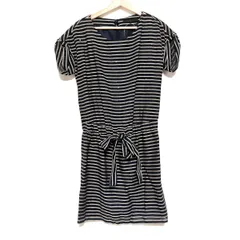 ANAYI(アナイ) ワンピース サイズ36 S レディース - ダークネイビー×ライトブラウン ボーダー/ひざ丈/半袖/クルーネック