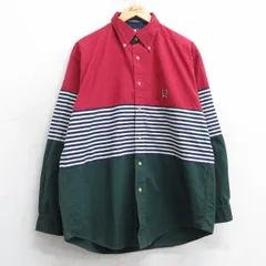 L/古着 トミーヒルフィガー 長袖 ブランド シャツ メンズ 90s ワンポイントロゴ マルチカラー コットン ボタンダウン 緑他 グリーン 25mar1