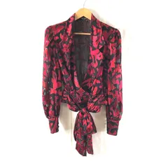 ハーディエイミス HARDY AMIES LONDN ジャケット シースルー 柄模様 リボン紐 デザインボタン 肩パッド 組成表示タグなし 黒 赤系 9サイズ 958932のサムネイル