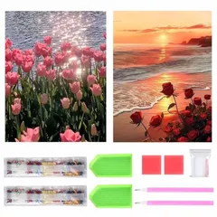 【在庫処分】DIY 子供 大人 手芸キット 初心者 塗装 ダイヤモンドアート 芸術品 ダイヤモンドアート 全面貼り付け きれい 2個セット 家の壁の装飾（チューリップとバラ） ダイヤモンドの絵画 キット サムコス