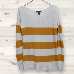 C1331 ギャップ GAP ニット セーター 長袖 (S) 白黄 ボーダー 総柄 Uネック