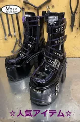 ♡新品未使用・美品♡ Mサイズ 23cm-23.5cm ヨースケ YOSUKE 厚底ブーツ スタッズブーツ レディース ブラックパープル ミドルブーツ ハーフブーツ 黒 エナメル 約12cm 厚底ヒール MY704-446