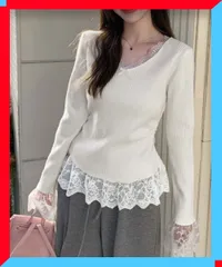 新品 レディース ニットトップス レース切替え Vネック 長袖 ニットセーター プルオーバー 重ね着 大人可愛い 無地【送料無料】