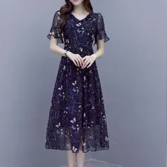 ワンピース レディース 花柄 マキシ丈 シフォン Vネック リボン フレア 半袖 タック ハイウェスト 大人 可愛い 着痩せ 体型カバー ふんわり オシャレ 通勤 デート お出掛け 旅行 リゾート 夏guisg01