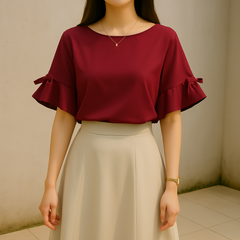 【フェミニン×上品✨】グローブ＊grove＊袖リボン＆フリルの半袖ブラウス／ボルドー系／Mサイズ／薄手・軽やか素材✨