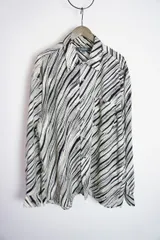 希少 古着屋購入 90s Le MONDE ルモンド 総柄 長袖シャツ ポリシャツ ビンテージ ヴィンテージ 白黒814O★2