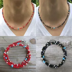 【2set】40cm ネイティブカラー ビーズネックレス Red&Black