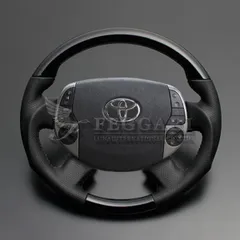 プリウス / PHV含む 20系 ピアノブラック×ダークグレー ガングリップ ウッド パンチング本皮調レザーステアリング フェガーリ LUNA