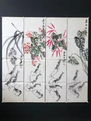 中国書画　斉白石　工芸模写　梅花図　めくり　V 4013 中国書画斉白石工芸模写梅花図めくりV 4013