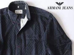 中古品★ARMANI JEANS アルマーニ ジーンズ★オーバーサイズストライプ格子柄長袖ワイシャツ★M【本物保証】ダークグレー濃灰【正規品】