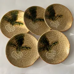 織部焼 丸幸中島 灶師 半月皿 5枚セット 千鳥に秋草図 織部焼 丸幸中島 灶師 半月皿 5枚セット 千鳥に秋草図 織部