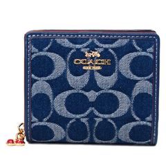 コーチ 財布 COACH デニム レザー シグネチャー ロゴ さくらんぼ チャーム コンパクト スナップ ウォレット 二つ折り 財布 デニム×ナチュラル CAA86