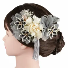 髪飾り 成人式 振袖 2点セット 灰色 グレー つまみ細工 剣つまみ 房 房付き 造花 レース リボン カスミソウ 大きい 小さい コ No.9-5347