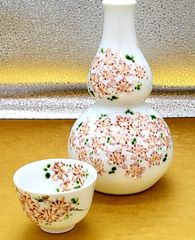 有田焼　黒田一楽作　白磁色絵桜瓢型酒器セット