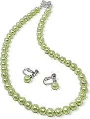 K&R パールネックレス 8mm珠 日本製 冠婚葬祭 結婚式 カジュアル 2点セット( 若草色,  45Cm イヤリング)