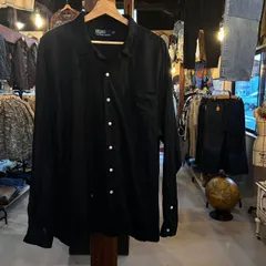 POLO RALPH LAUREN ポロ ラルフローレン 90's OPEN COLLAR LINEN SILK SHIRT オープン カラー シルク リネン シャツ 裾ポニー BLACK ブラック 開襟 長袖シャツ 90年代 90s