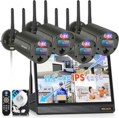 【Two-way audio, red/blue warning lights, 130° ultra-wide angle】WEILAILIFE Wireless Security Camera Set for Outdoor and Indoor Use, 4 Cameras, Wireless Surveillance Camera System, Integrated Recorder with 15.6-inch Monitor, Network Compatible, Smartphone Compatible