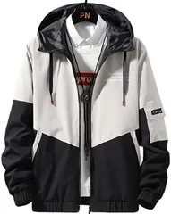 emptio エンプティオ フード付き アウトドア ジップアップ ジャケット メンズ 襟なし 軽量 プリント アウター ライン バックプリント ワンポイント フィット アルファベット ジャンパー オーバーサイズ 防寒(ベージュブラック,  XL)