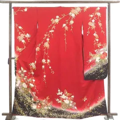 振袖 身丈165cm 裄丈66cm 前幅24cm 後幅30cm 袖丈106cm 袖幅33cm レディース 袷 花車 裄長 裄M-Lサイズ 秋冬春用 正絹（シルク）レッド トールサイズ 美品 リメイク リユース リサイクル【呉服のきくや】