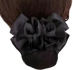 Liebendo シニヨンネット バレッタ ネット付き オーガンジー フラワー お団子ネット リボン 大きめヘアネット 髪ネット レディース ヘアアクセサリー 髪留め(ブラック)