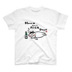 猫イラストTシャツ前面「Have a nice（ニャいす） Day!!」 / Printstar 綿100%　5.6オンスヘビーウェイトTシャツ（001ホワイト）