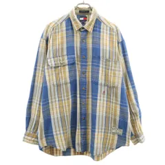 トミーヒルフィガー 90s オールド フラッグタグ チェック柄 長袖 シャツ M ベージュ×ネイビー TOMMY HILFIGER メンズ 古着 【240411】