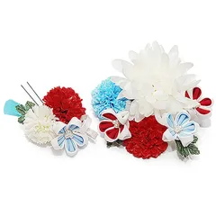 髪飾り 成人式 振袖 浴衣 卒業式 袴 結婚式 ２点セット 白 赤 水色 花 和 洋 かんざし 手作り 簪 つまみ細工 ちりめんフォーマル 花飾り 玉飾り ブライダル W 75 304-252 白 赤 水色 p797　Si