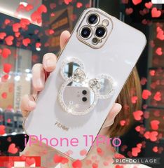 미러가있는 디즈니 귀여운 반짝이 화이트 iPhone 11pro