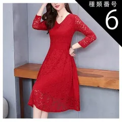 種類6：ホワイト/L 総レース Vネック ミニ フレア ドレス ワンピース パーティードレス パーティドレス 結婚式ドレス 結婚式のドレス ミニ丈 袖あり 長袖 襟なし Aライン シフォン 透け感 かわいい 大人可愛い きれいめ シンプル 大人 上品 おしゃれ