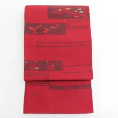 袋帯 洒落袋帯 紬 絹 赤色ｘ茶色 鳥に木々模様 六通柄 仕立て上がり 着物帯 長さ448cm