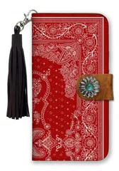 iPhone14ProMax ケース 手帳型 アイフォン14 プロマックス スマホケース フリンジ ストラップ付 コンチョ ペイズリー柄 バンダナ柄 レッド ネイビー ブラック カッコイイ  男性 メンズ カラー01