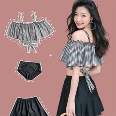 水着 レディース オフショルダー ビキニ 格子 チェック柄 セパレート ビスチェ風 ビキニセット フィットネス 肩出し スカート ハイウエスト パッド付 小胸 バスト 盛れる おしゃれ かわいい 高校生 20代 30代 母の日のプレゼント