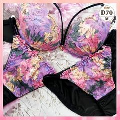★D70/M☆美胸ブラ＆ショーツ&Tバックショーツセット ダブルパッド 盛胸 谷間メイク 3点セット セクシー カラフルガーデン 緑青