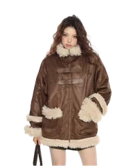 ボア付き ムートン調ジャケット スエード モダンレトロ スタンドカラー ジッパー ベルト