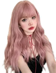 Limakaraウィッグ ロング 巻き髪 自然 フルウィッグ ナチュラルロング レディース カール 女装 ウェーブ ぱっつん前髪 かつら ロリータ コスプレ wig ファッション 耐熱 小顔 日常 原宿系 人気 地雷系 ネット/櫛付き アッシュピンク