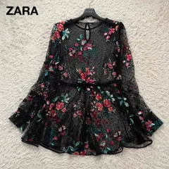 ZARA WOMAN ザラ 花柄刺繍 チュール チュニックブラウス 黒 ブラック XSサイズ