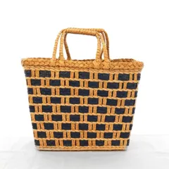 [KO]かごバッグ チェック柄 青×白×ベージュ 手編み ハンドメイド バスケット 台形型 ストロー素材 大容量 軽量