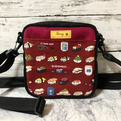 ★セール品(現品限り) 2WAY猫柄ミニショルダーバッグ 寿司猫 ワインレッド&ブラック 猫柄内ポケット付き ハンドメイド メンズ レディース ボディバッグ ポシェット ポーチ