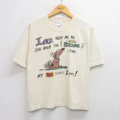 L/古着 半袖 ビンテージ Tシャツ メンズ 90s 犬 コットン クルーネック 薄ベージュ カーキ 25aug12 中古