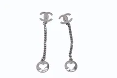 極美品 CHANEL シャネル ピアス ココマーク ドロップチェーン くり抜きハート 06P刻印 メタル メタルブラック金具 中古 4b003980