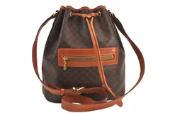 CELINE セリーヌ マカダム ブラゾン ショルダー巾着型バッグ ピーブイシー レザー ブラウン 8376M