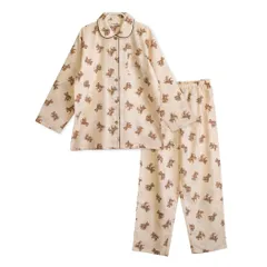 パジャマ レディース 綿100% 綾織 柔らかい 快適 上下セット 長袖 くま柄 テディベア 春 秋