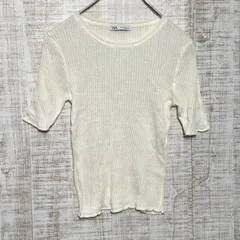 ZARA ザラ　レディース　トップス　ニット　サマーニット　セーター　半袖　ラウンドネック　無地　メロウ加工　ホワイト　リブニット　薄手　春夏向け　シンプル　カジュアル　s368h288