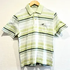 (^w^)b Crocodile クロコダイル ポロシャツ 半袖 紳士 襟付き ハーフボタン ロゴ刺繍 胸ポケット ストライプ柄 綿100% カジュアル タウンユース きれいめ グリーン系 メンズ サイズM