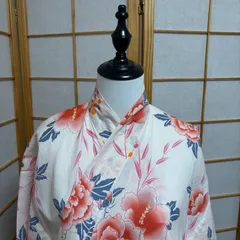 浴衣　身丈168cm　綿　白　赤　花柄　レディース　モダン　洗える浴衣
