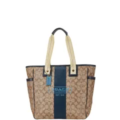 コーチ シグネチャー ヘリテージ ストライプ ハンドバッグ トートバッグ F70074 ベージュ ネイビー PVC レザー レディース COACH【1-0172543】