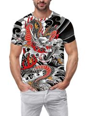 和柄 刺青 波と龍 プリント 半袖Tシャツ 326 黒 派手 ストリート ダンス B系 ヤクザ ヤンキー オラオラ系 ホスト 服 メンズ ファッション