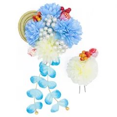 髪飾り 成人式 振袖 前撮り 袴 2点セット 花 水色 青 白 ゴールド 造花 ちりめん 下がり ゆらゆら 組紐 パールビーズ 和柄 花 No.12-0698