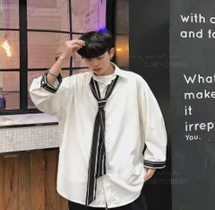 送料無料 七分袖シャツ ネクタイ付き ゆったりサイズ カジュアルシャツ おしゃれ ワイシャツ 開襟シャツ 韓国ファッション 韓流ファッション（ホワイトLサイズ）